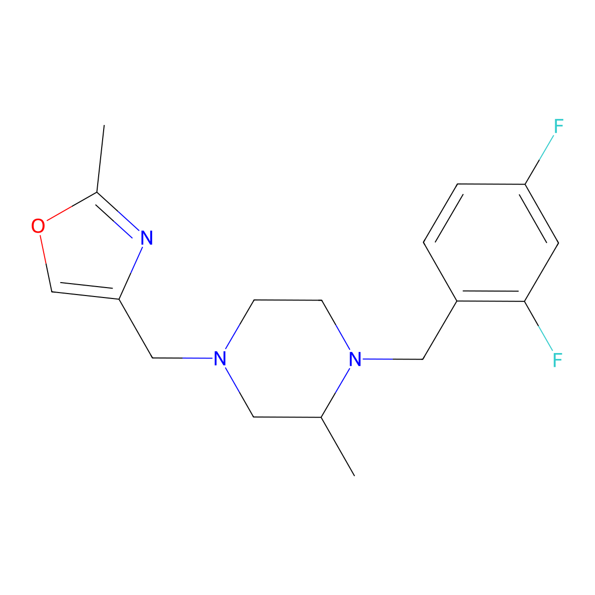 1-[(2,4-Difluorophenyl)methyl]-2-methyl-4-[(2-methyl-1,3-oxazol-4-yl)methyl]piperazine molecular structure, CAS 2741926-04-3