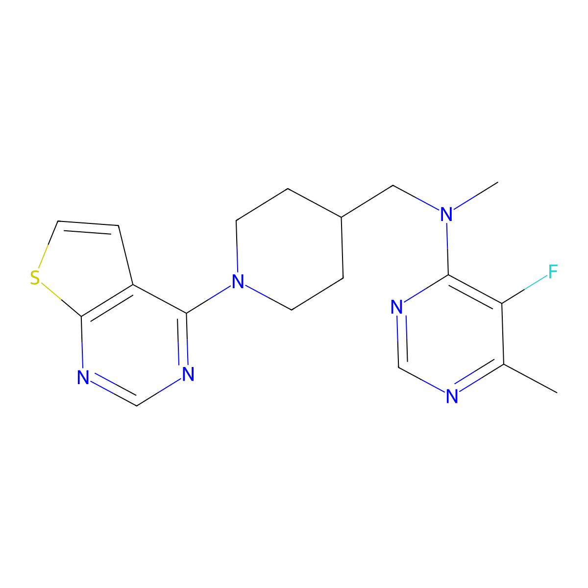 5-fluoro-N,6-dimethyl-N-[(1-{thieno[2,3-d]pyrimidin-4-yl}piperidin-4-yl)methyl]pyrimidin-4-amine molecular structure, CAS 2741926-05-4