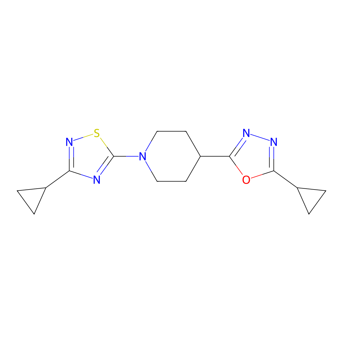 1-(3-Cyclopropyl-1,2,4-thiadiazol-5-yl)-4-(5-cyclopropyl-1,3,4-oxadiazol-2-yl)piperidine molecular structure, CAS 2741926-12-3