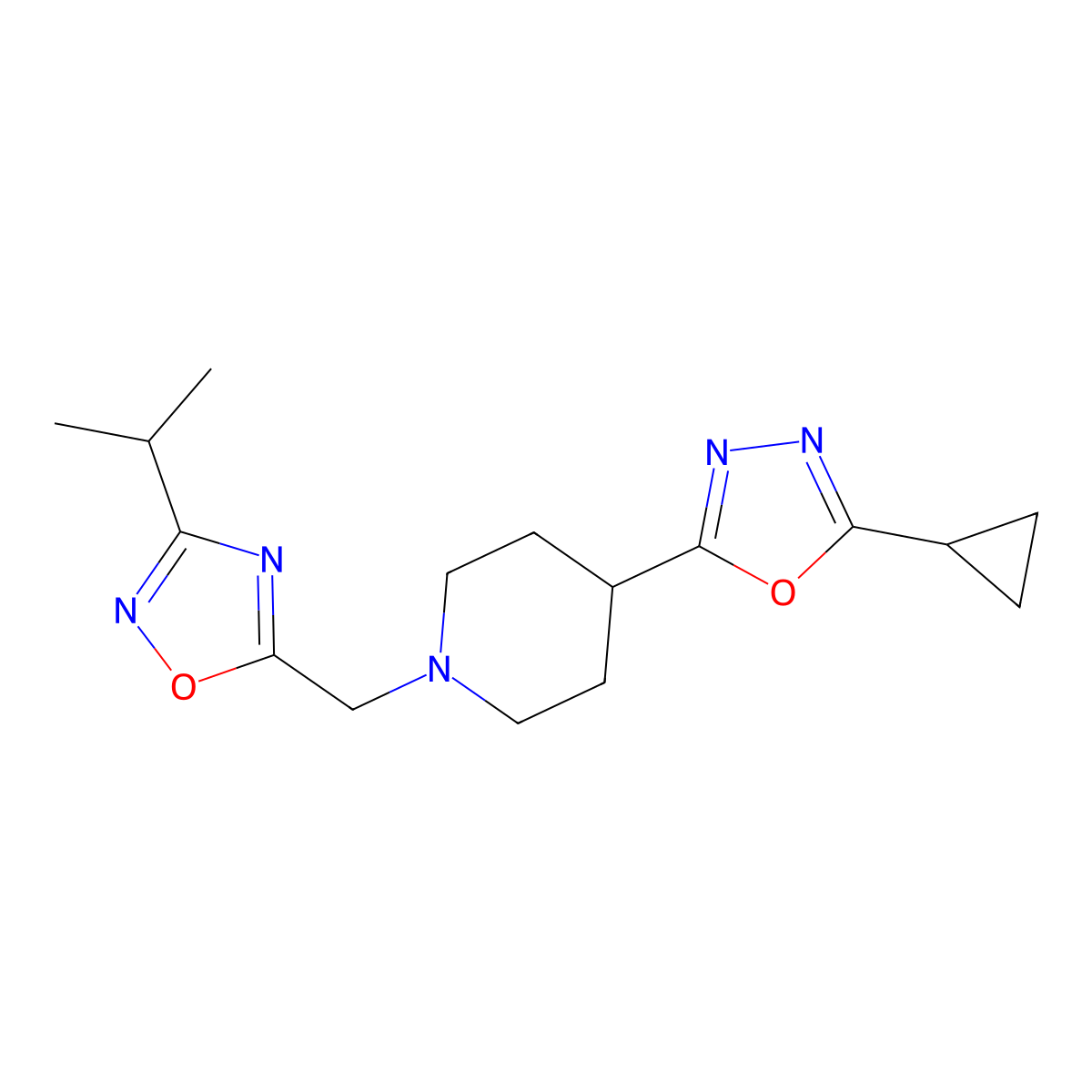 4-(5-Cyclopropyl-1,3,4-oxadiazol-2-yl)-1-{[3-(propan-2-yl)-1,2,4-oxadiazol-5-yl]methyl}piperidine molecular structure, CAS 2741926-13-4