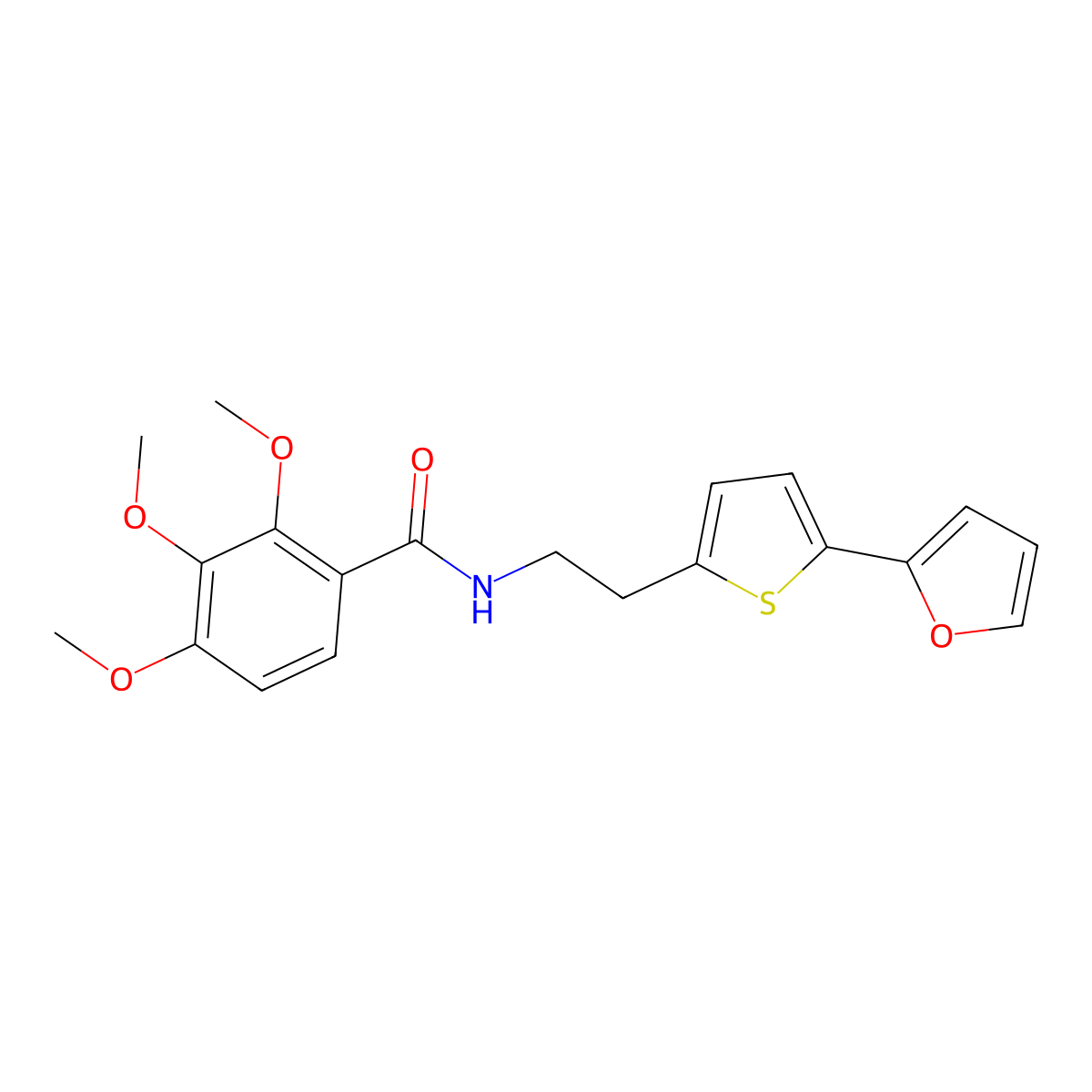 N-[2-[5-(furan-2-yl)thiophen-2-yl]ethyl]-2,3,4-trimethoxybenzamide molecular structure, CAS 2741926-15-6