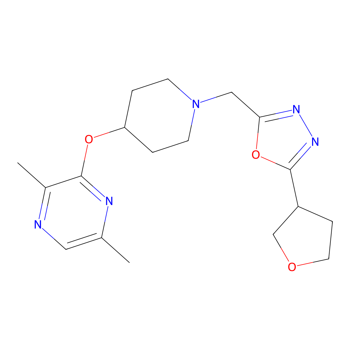 2,5-Dimethyl-3-[(1-{[5-(oxolan-3-yl)-1,3,4-oxadiazol-2-yl]methyl}piperidin-4-yl)oxy]pyrazine molecular structure, CAS 2741926-19-0