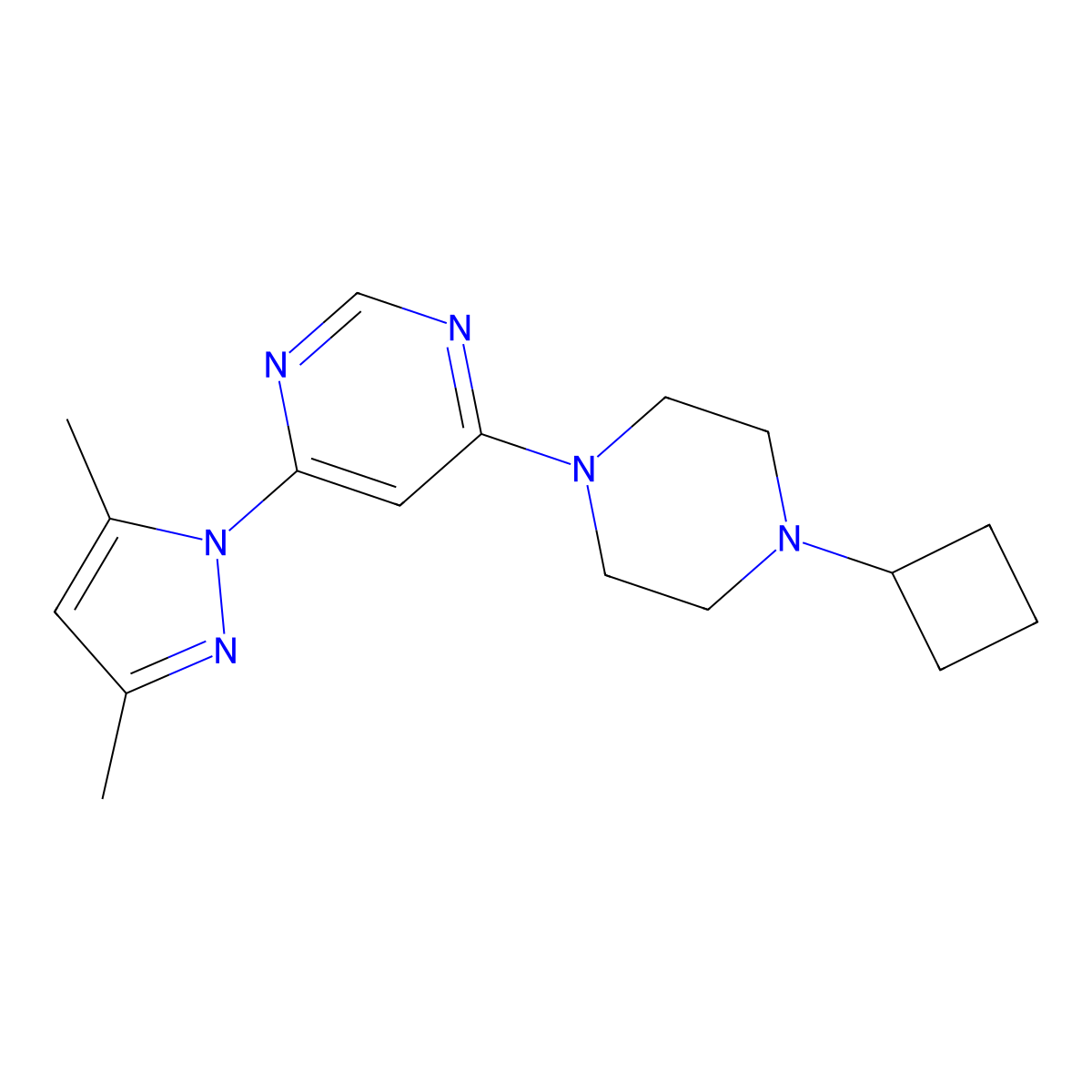 4-(4-cyclobutylpiperazin-1-yl)-6-(3,5-dimethyl-1H-pyrazol-1-yl)pyrimidine molecular structure, CAS 2741926-21-4