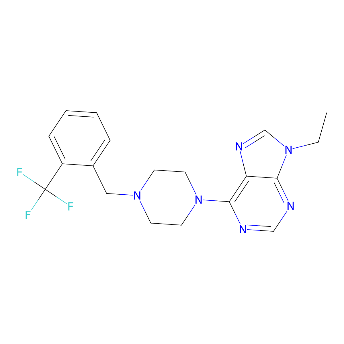 9-ethyl-6-(4-{[2-(trifluoromethyl)phenyl]methyl}piperazin-1-yl)-9H-purine molecular structure, CAS 2741926-22-5