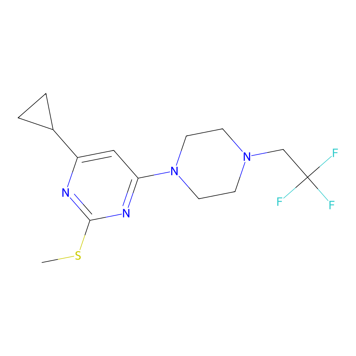 4-Cyclopropyl-2-(methylsulfanyl)-6-[4-(2,2,2-trifluoroethyl)piperazin-1-yl]pyrimidine molecular structure, CAS 2741926-30-5