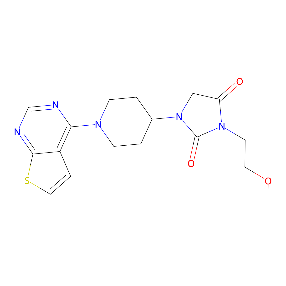 3-(2-Methoxyethyl)-1-(1-{thieno[2,3-d]pyrimidin-4-yl}piperidin-4-yl)imidazolidine-2,4-dione molecular structure, CAS 2741926-40-7