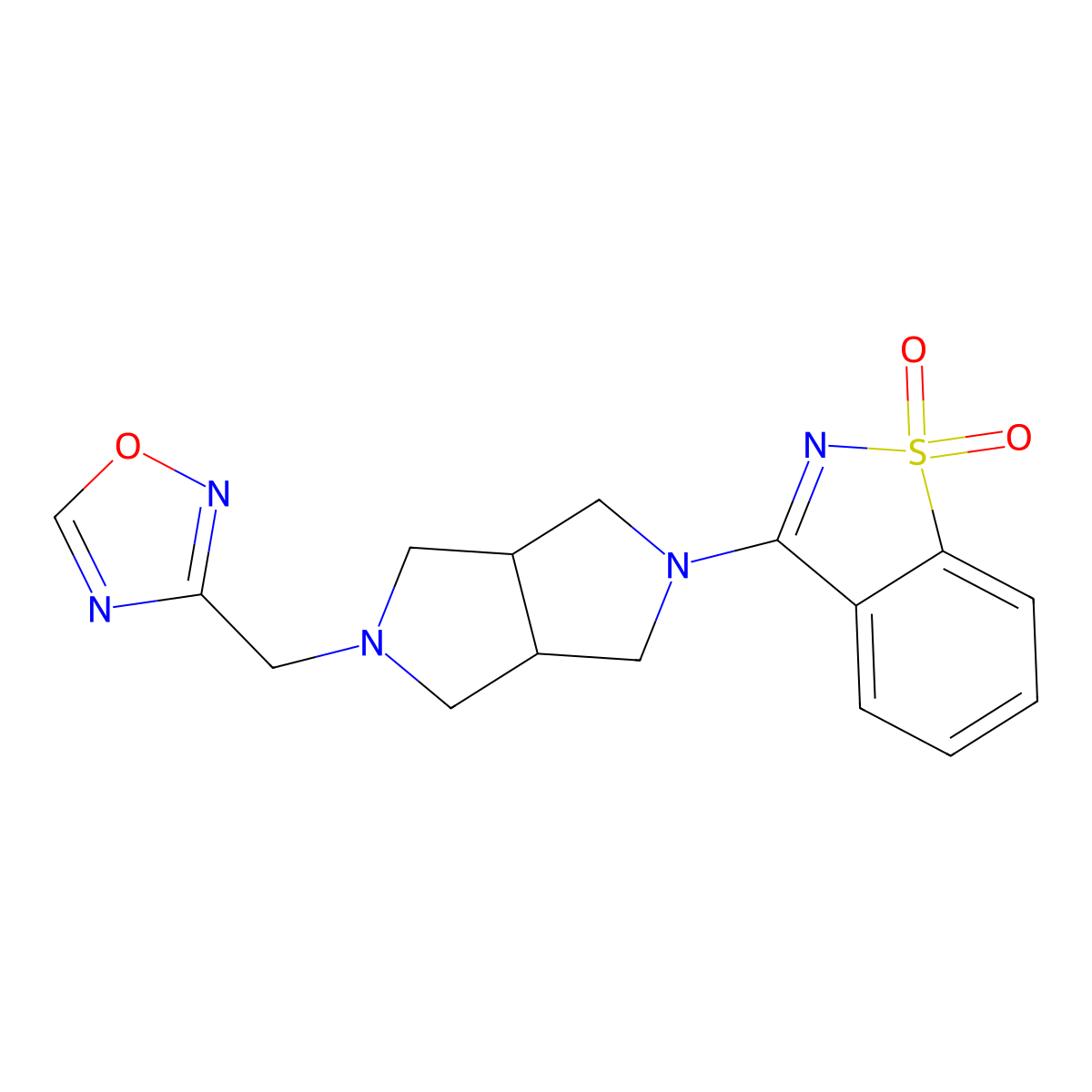 3-[2-(1,2,4-Oxadiazol-3-ylmethyl)-1,3,3a,4,6,6a-hexahydropyrrolo[3,4-c]pyrrol-5-yl]-1,2-benzothiazole 1,1-dioxide molecular structure, CAS 2741926-52-1