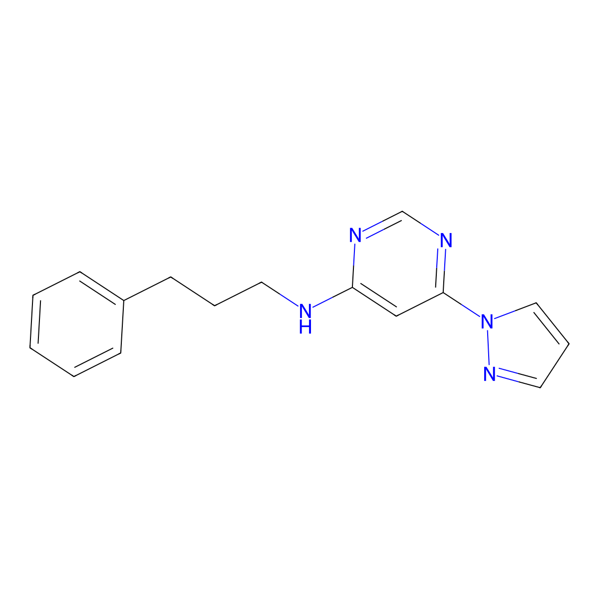 N-(3-phenylpropyl)-6-(1H-pyrazol-1-yl)pyrimidin-4-amine molecular structure, CAS 2741926-57-6