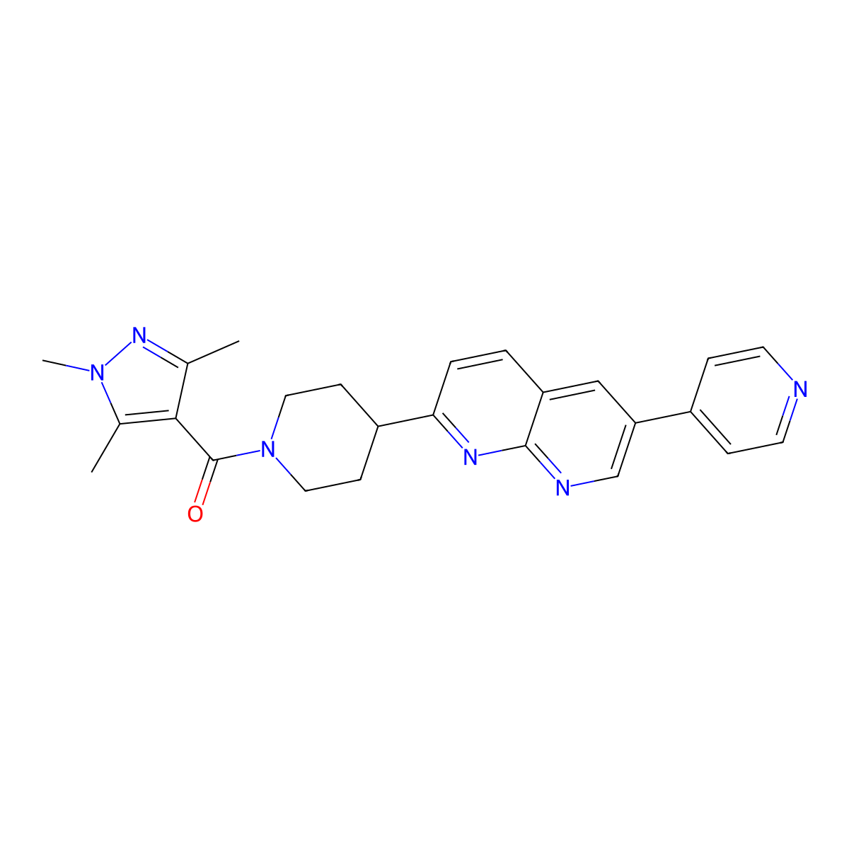 6-(pyridin-4-yl)-2-[1-(1,3,5-trimethyl-1H-pyrazole-4-carbonyl)piperidin-4-yl]-1,8-naphthyridine molecular structure, CAS 2741926-58-7