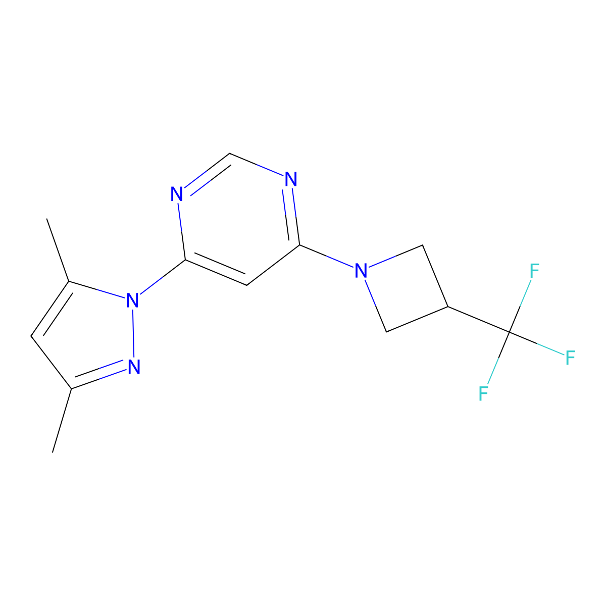 4-(3,5-dimethyl-1H-pyrazol-1-yl)-6-[3-(trifluoromethyl)azetidin-1-yl]pyrimidine molecular structure, CAS 2741926-65-6