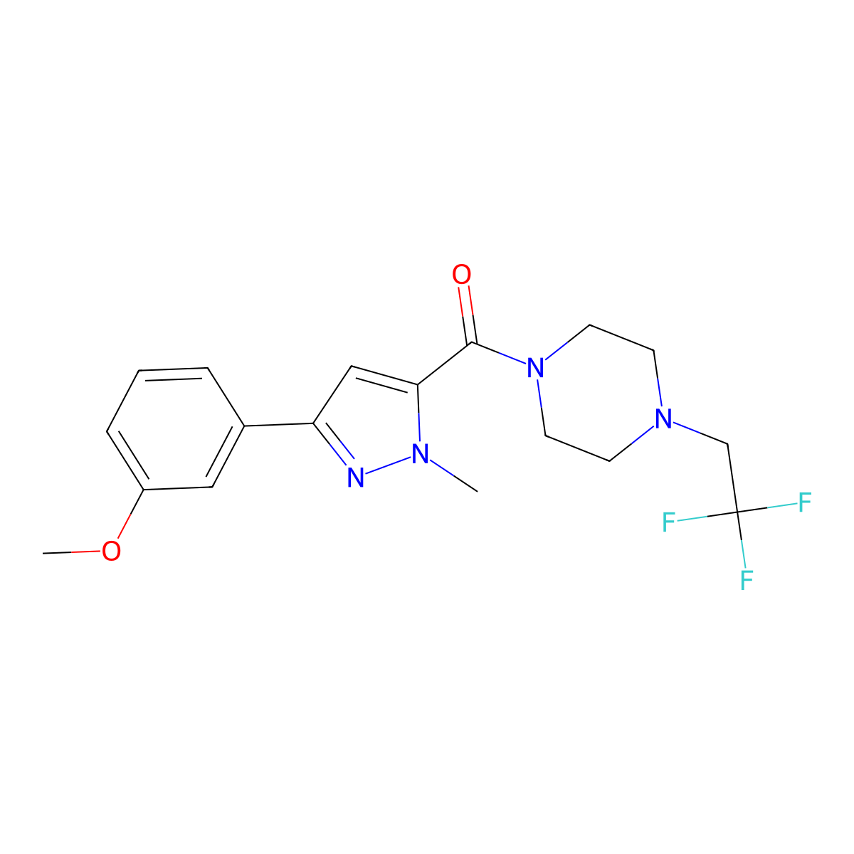 1-[3-(3-methoxyphenyl)-1-methyl-1H-pyrazole-5-carbonyl]-4-(2,2,2-trifluoroethyl)piperazine molecular structure, CAS 2741926-71-4