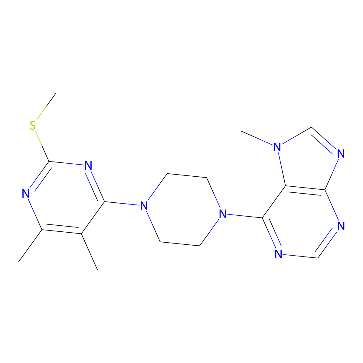 6-{4-[5,6-dimethyl-2-(methylsulfanyl)pyrimidin-4-yl]piperazin-1-yl}-7-methyl-7H-purine molecular structure, CAS 2741926-72-5