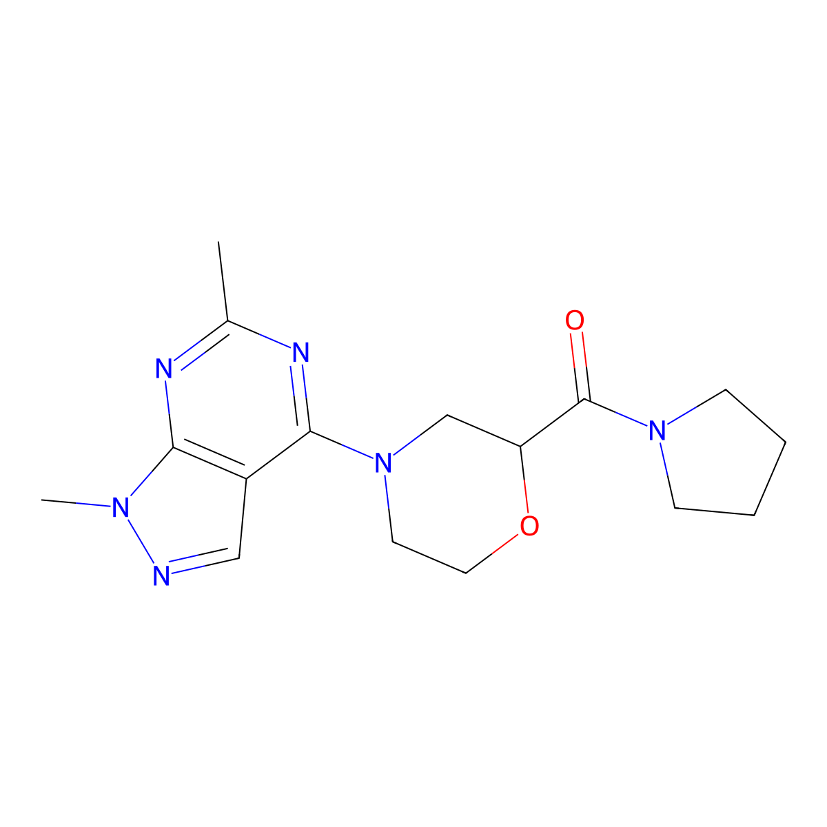 4-{1,6-dimethyl-1H-pyrazolo[3,4-d]pyrimidin-4-yl}-2-(pyrrolidine-1-carbonyl)morpholine molecular structure, CAS 2741926-83-8