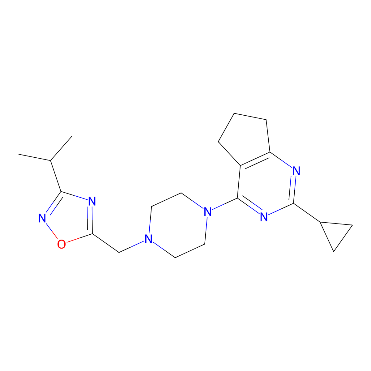 1-{2-cyclopropyl-5H,6H,7H-cyclopenta[d]pyrimidin-4-yl}-4-{[3-(propan-2-yl)-1,2,4-oxadiazol-5-yl]methyl}piperazine molecular structure, CAS 2741926-85-0