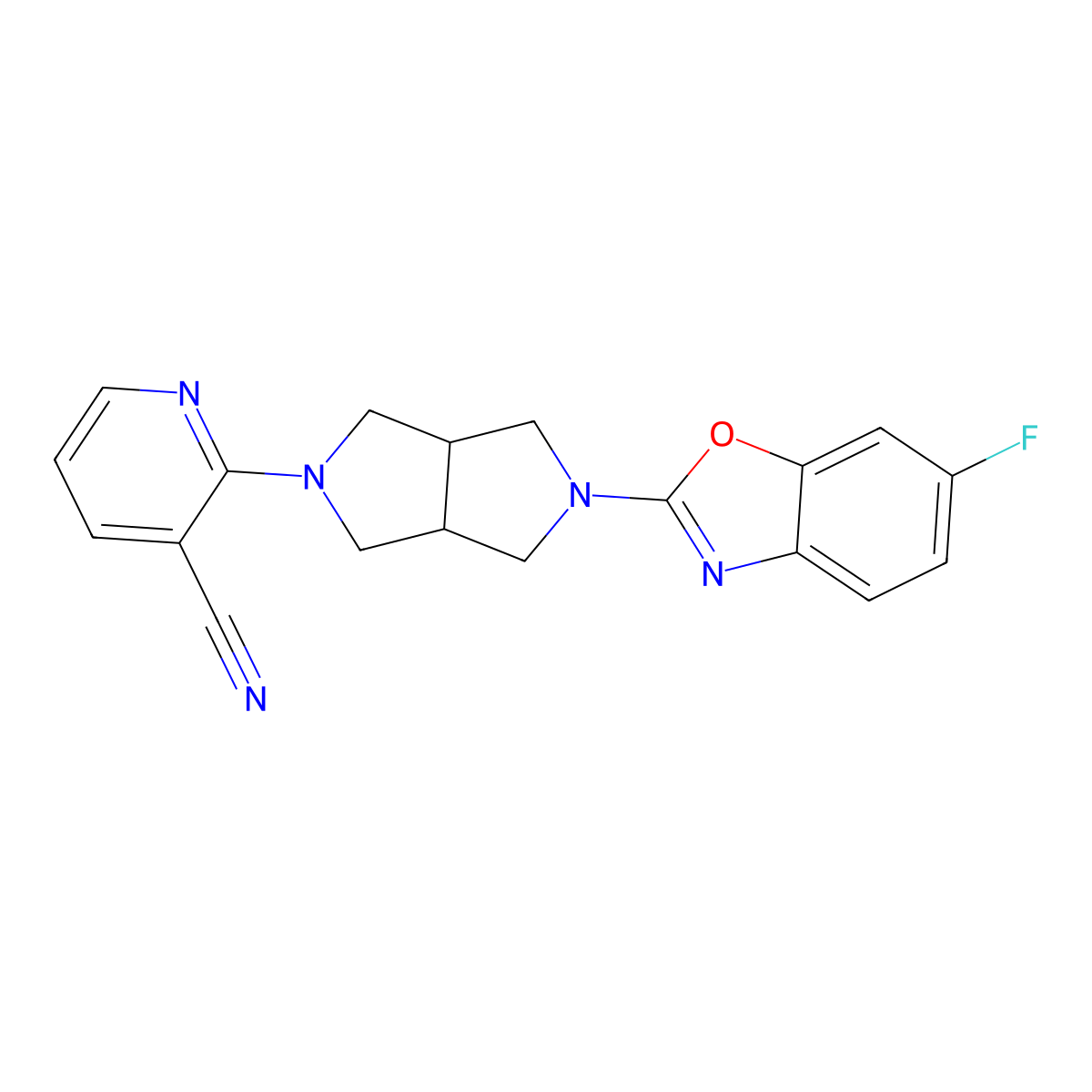 2-[5-(6-Fluoro-1,3-benzoxazol-2-yl)-octahydropyrrolo[3,4-c]pyrrol-2-yl]pyridine-3-carbonitrile molecular structure, CAS 2741926-87-2