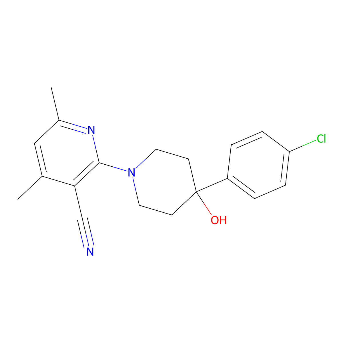 2-[4-(4-Chlorophenyl)-4-hydroxypiperidin-1-yl]-4,6-dimethylpyridine-3-carbonitrile molecular structure, CAS 2741926-95-2