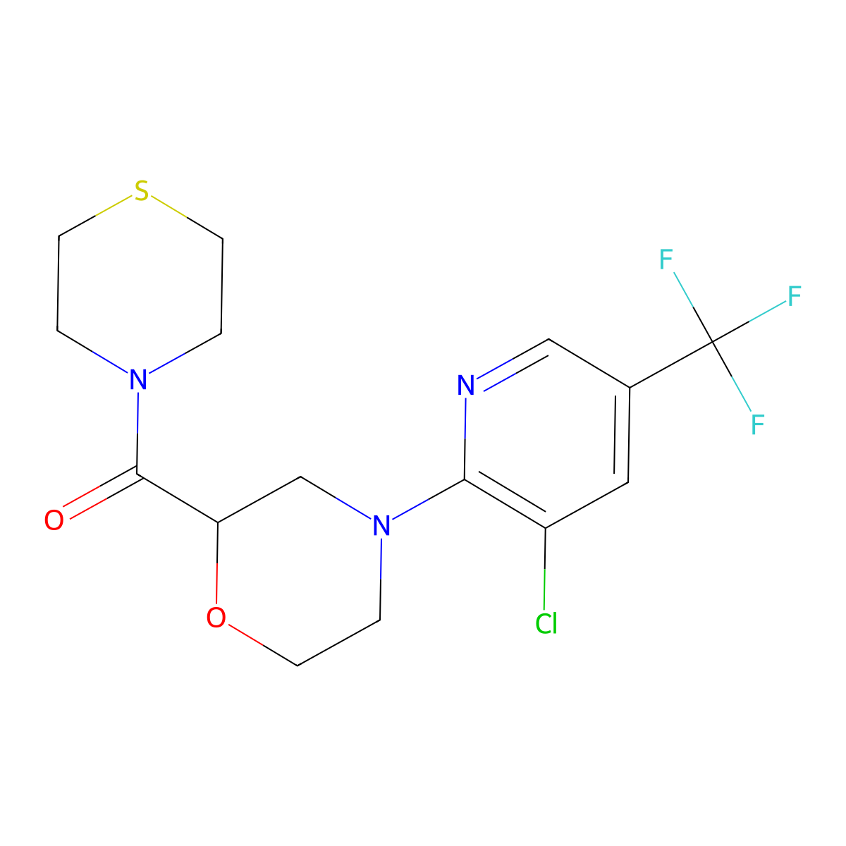 4-[3-Chloro-5-(trifluoromethyl)pyridin-2-yl]-2-(thiomorpholine-4-carbonyl)morpholine molecular structure, CAS 2741927-11-5