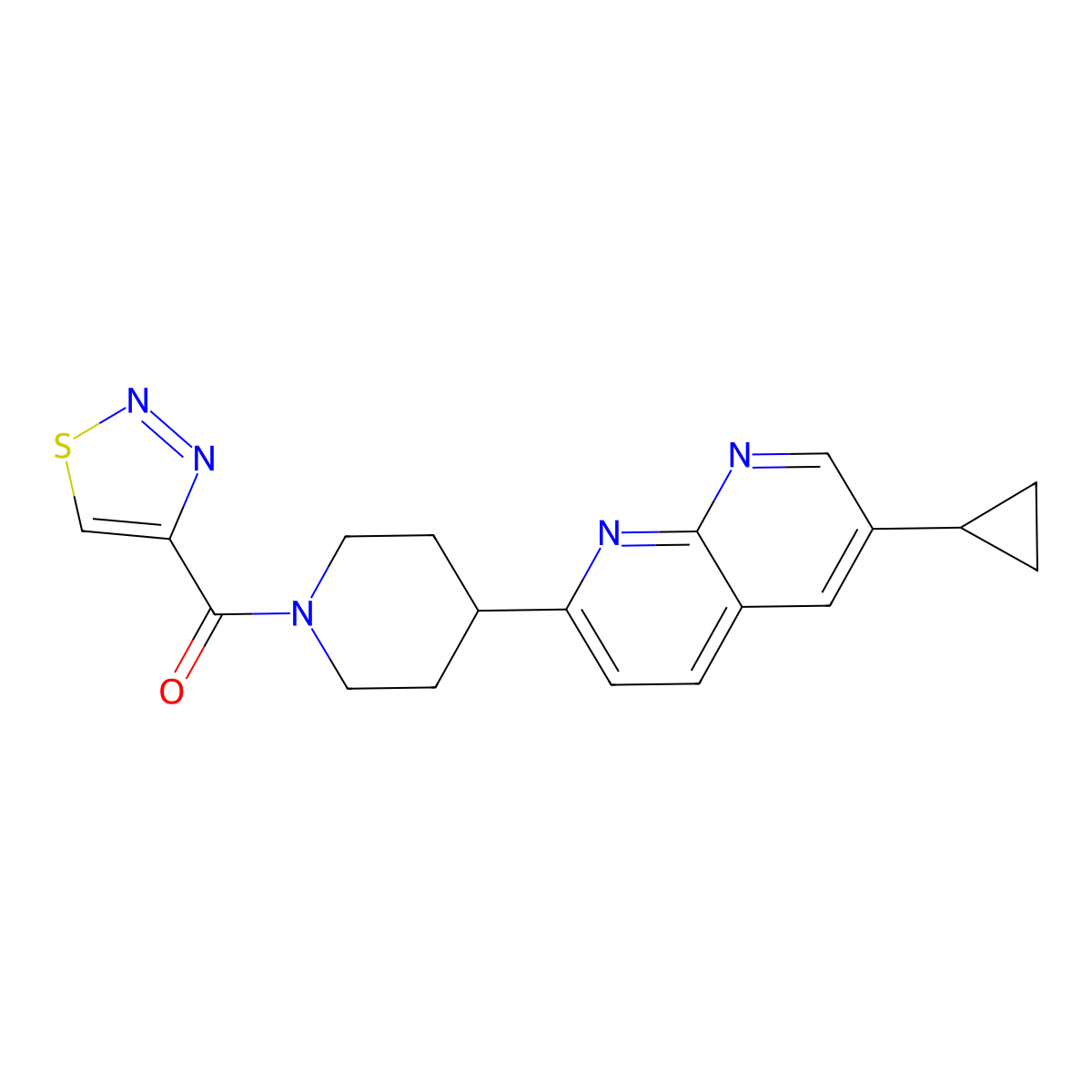 6-Cyclopropyl-2-[1-(1,2,3-thiadiazole-4-carbonyl)piperidin-4-yl]-1,8-naphthyridine molecular structure, CAS 2741927-14-8