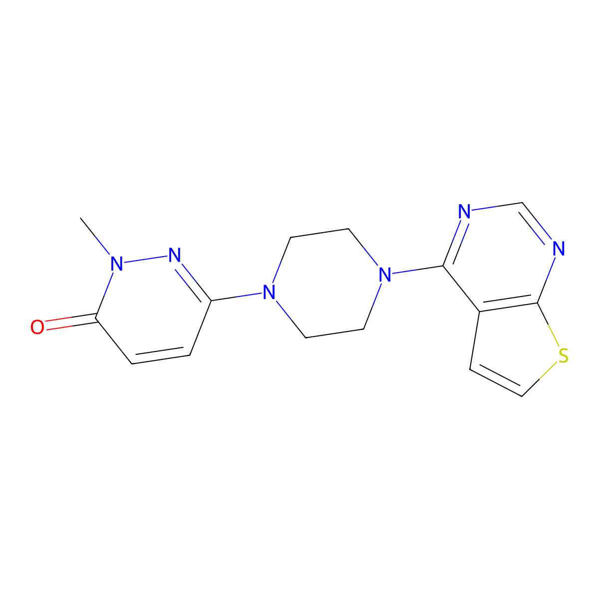 2-Methyl-6-(4-{thieno[2,3-d]pyrimidin-4-yl}piperazin-1-yl)-2,3-dihydropyridazin-3-one molecular structure, CAS 2741927-31-9