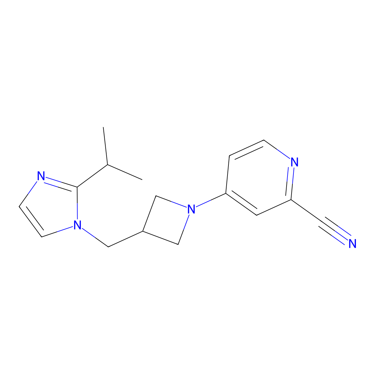 4-(3-{[2-(propan-2-yl)-1H-imidazol-1-yl]methyl}azetidin-1-yl)pyridine-2-carbonitrile molecular structure, CAS 2741927-34-2