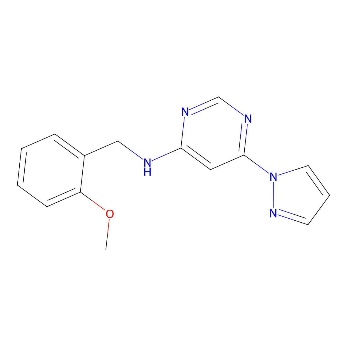 N-[(2-methoxyphenyl)methyl]-6-pyrazol-1-ylpyrimidin-4-amine molecular structure, CAS 2741927-45-5