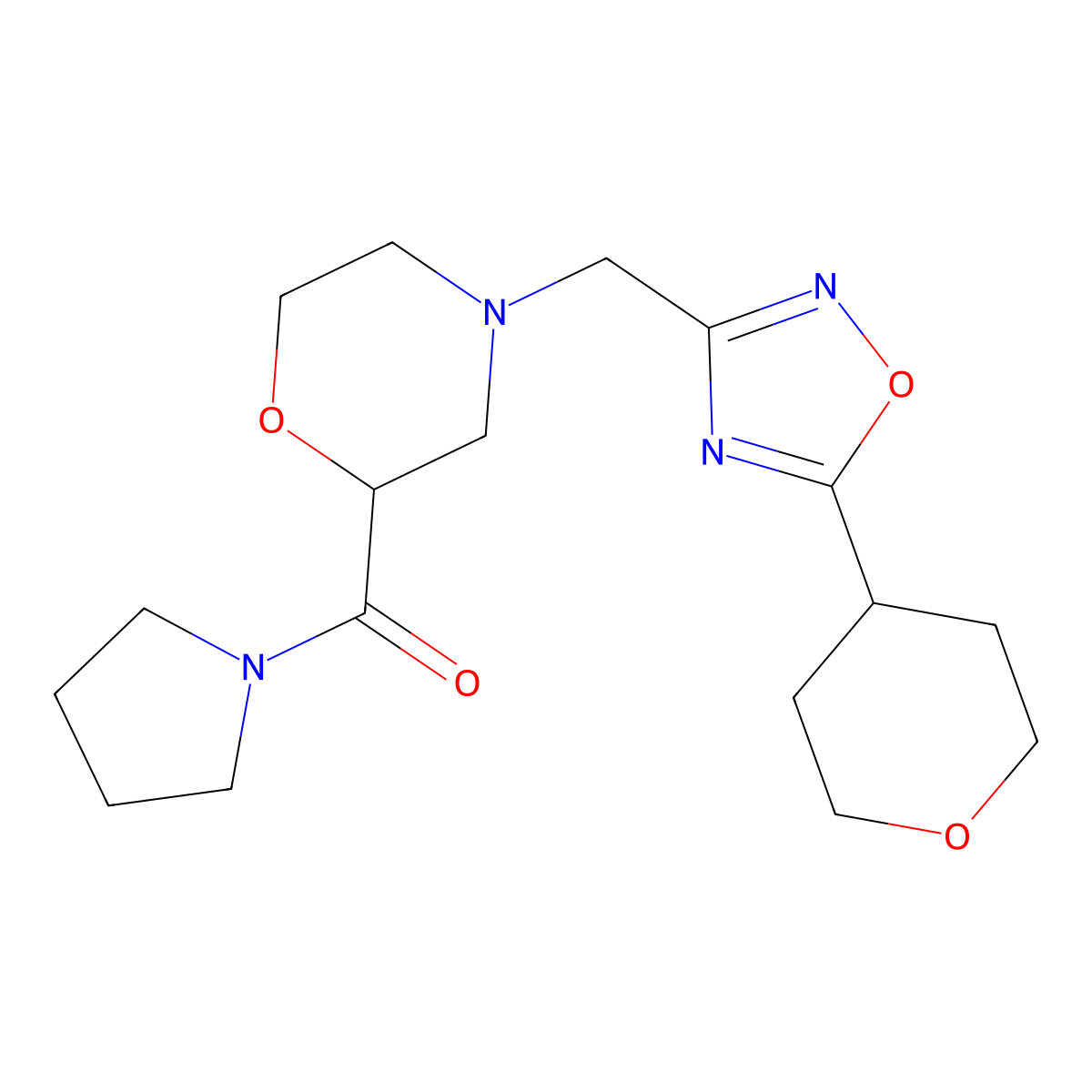 4-{[5-(Oxan-4-yl)-1,2,4-oxadiazol-3-yl]methyl}-2-(pyrrolidine-1-carbonyl)morpholine molecular structure, CAS 2741927-47-7