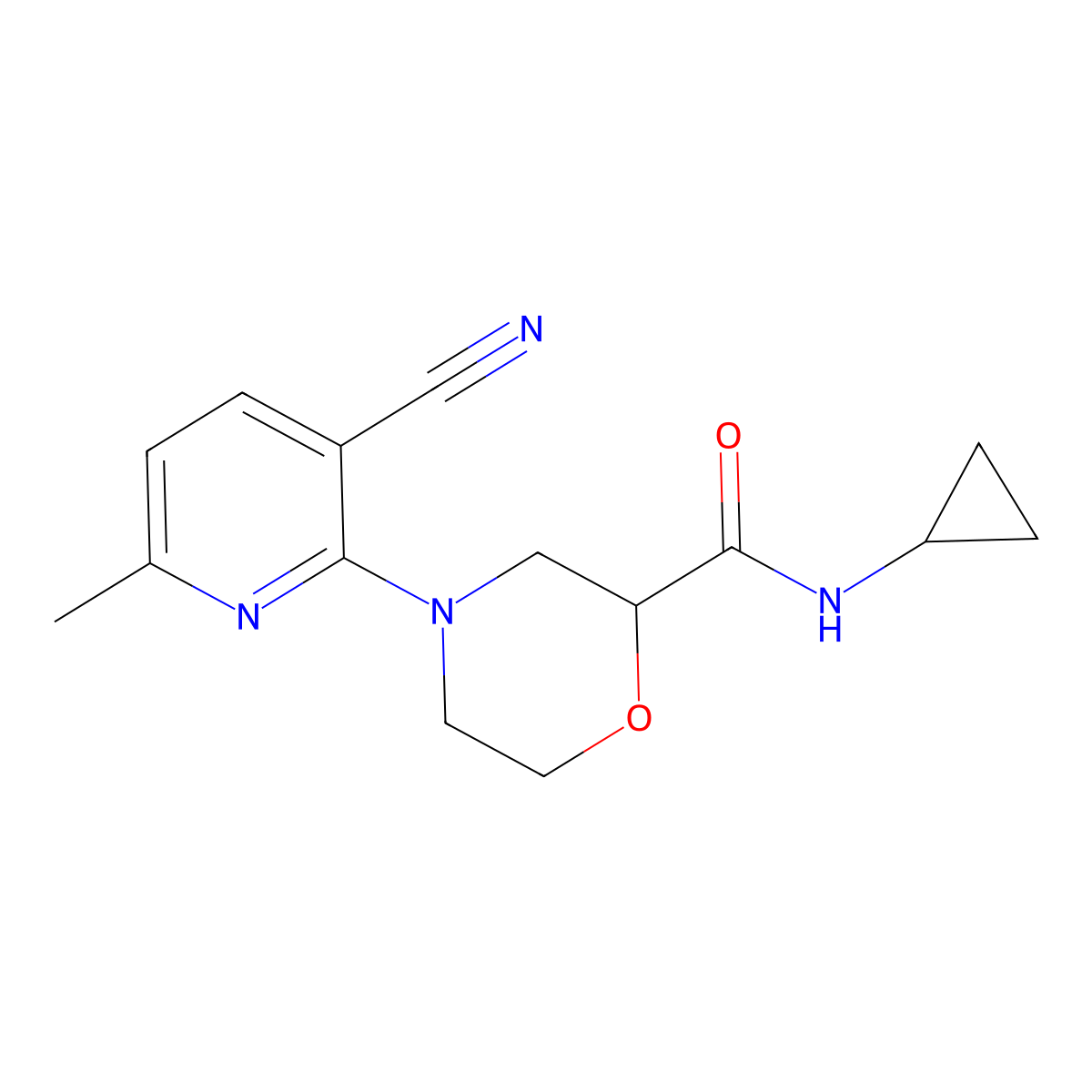 4-(3-cyano-6-methylpyridin-2-yl)-N-cyclopropylmorpholine-2-carboxamide molecular structure, CAS 2741927-52-4