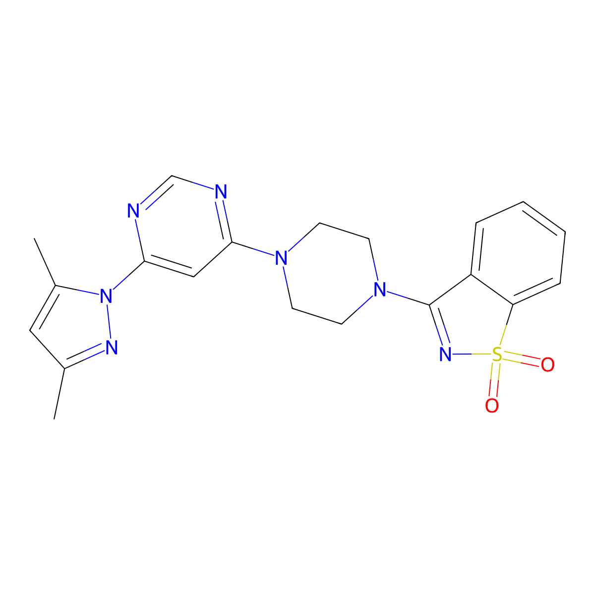 3-{4-[6-(3,5-dimethyl-1H-pyrazol-1-yl)pyrimidin-4-yl]piperazin-1-yl}-1lambda6,2-benzothiazole-1,1-dione molecular structure, CAS 2741927-58-0