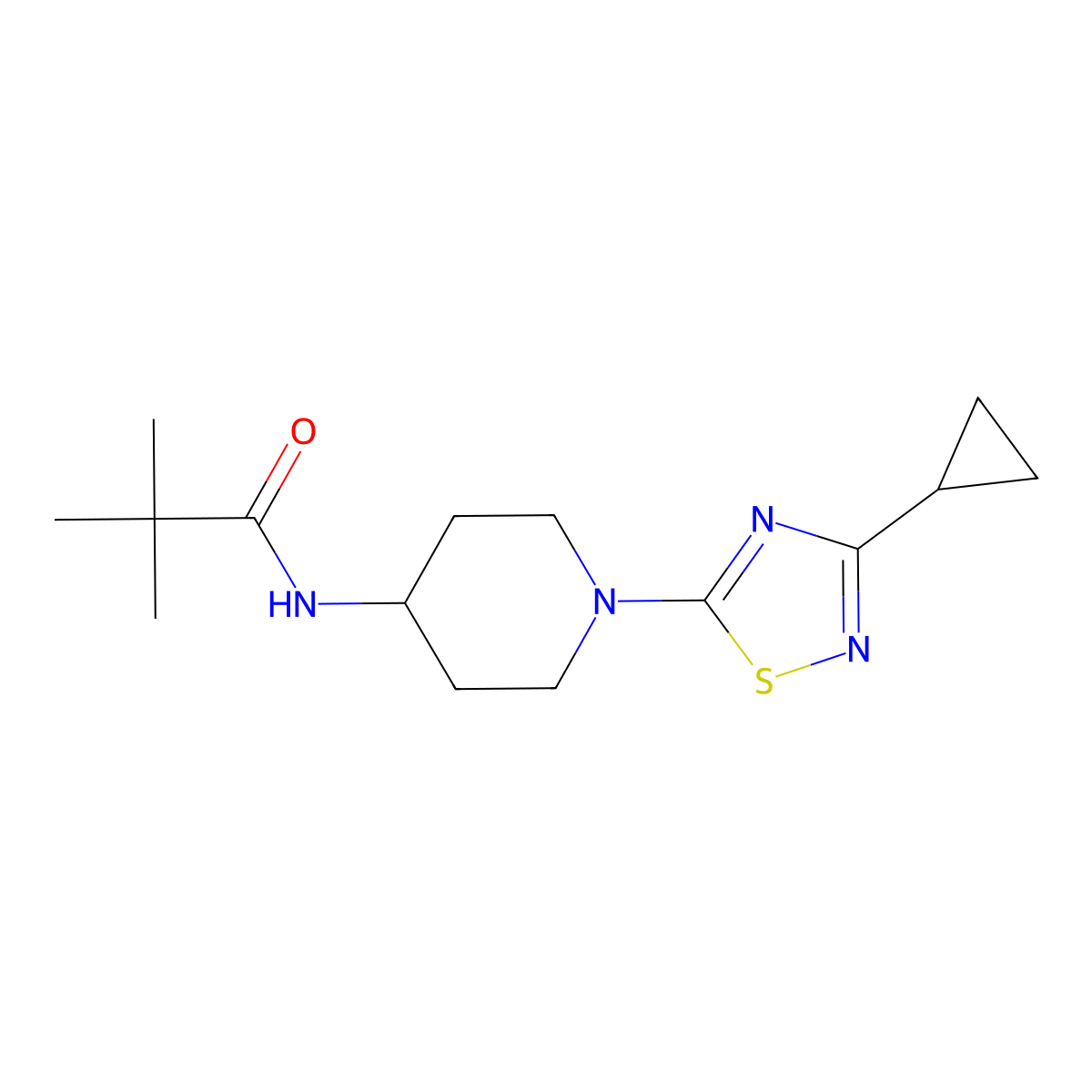 N-[1-(3-cyclopropyl-1,2,4-thiadiazol-5-yl)piperidin-4-yl]-2,2-dimethylpropanamide molecular structure, CAS 2741927-60-4