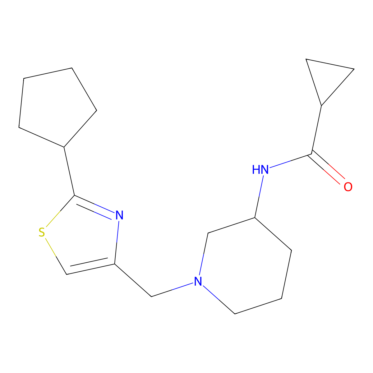 N-{1-[(2-cyclopentyl-1,3-thiazol-4-yl)methyl]piperidin-3-yl}cyclopropanecarboxamide molecular structure, CAS 2741927-70-6