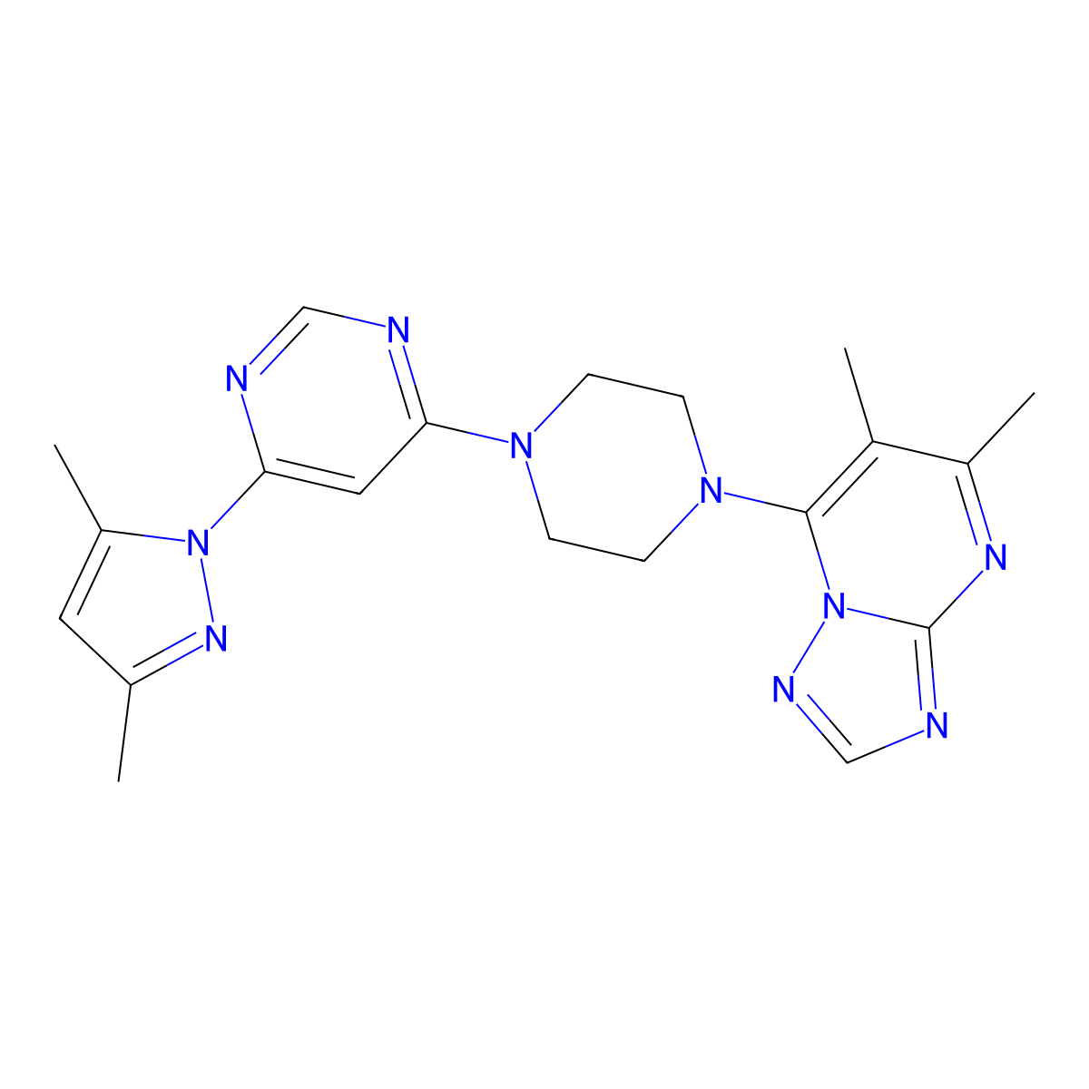 4-(3,5-dimethyl-1H-pyrazol-1-yl)-6-(4-{5,6-dimethyl-[1,2,4]triazolo[1,5-a]pyrimidin-7-yl}piperazin-1-yl)pyrimidine molecular structure, CAS 2741927-76-2