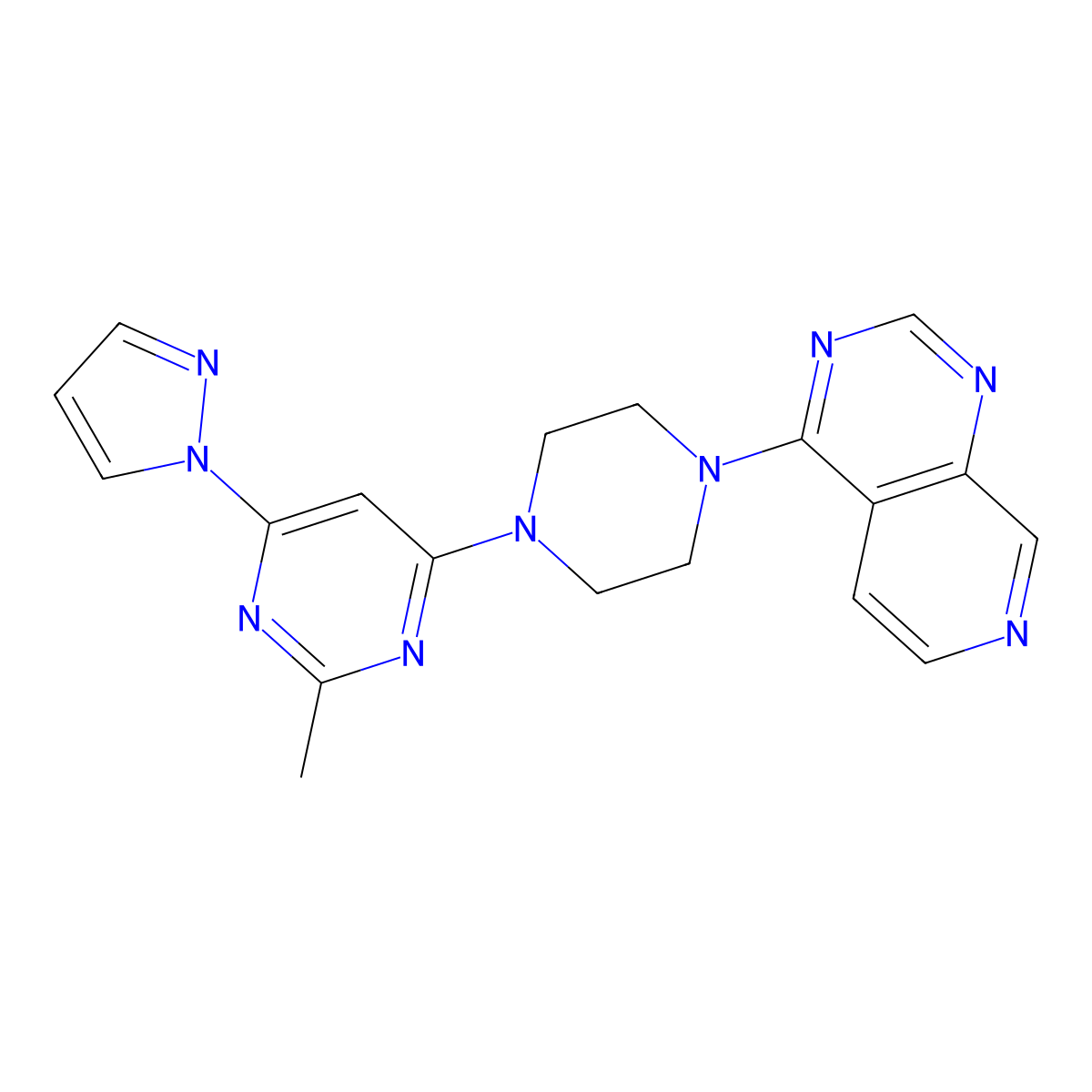 2-methyl-4-(1H-pyrazol-1-yl)-6-(4-{pyrido[3,4-d]pyrimidin-4-yl}piperazin-1-yl)pyrimidine molecular structure, CAS 2741927-79-5