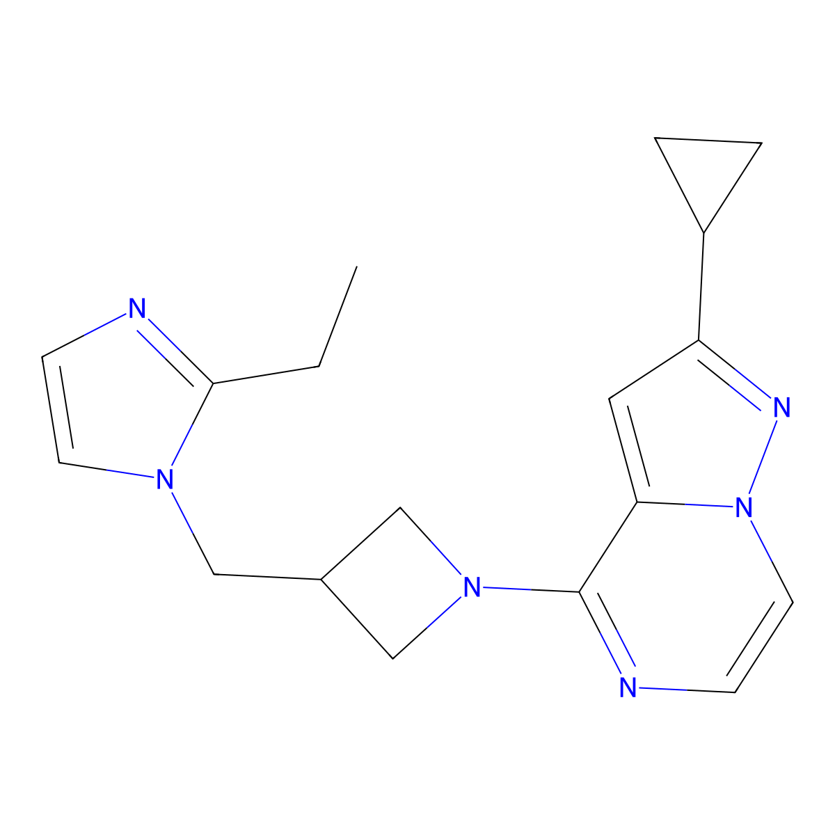 1-[(1-{2-cyclopropylpyrazolo[1,5-a]pyrazin-4-yl}azetidin-3-yl)methyl]-2-ethyl-1H-imidazole molecular structure, CAS 2741927-85-3