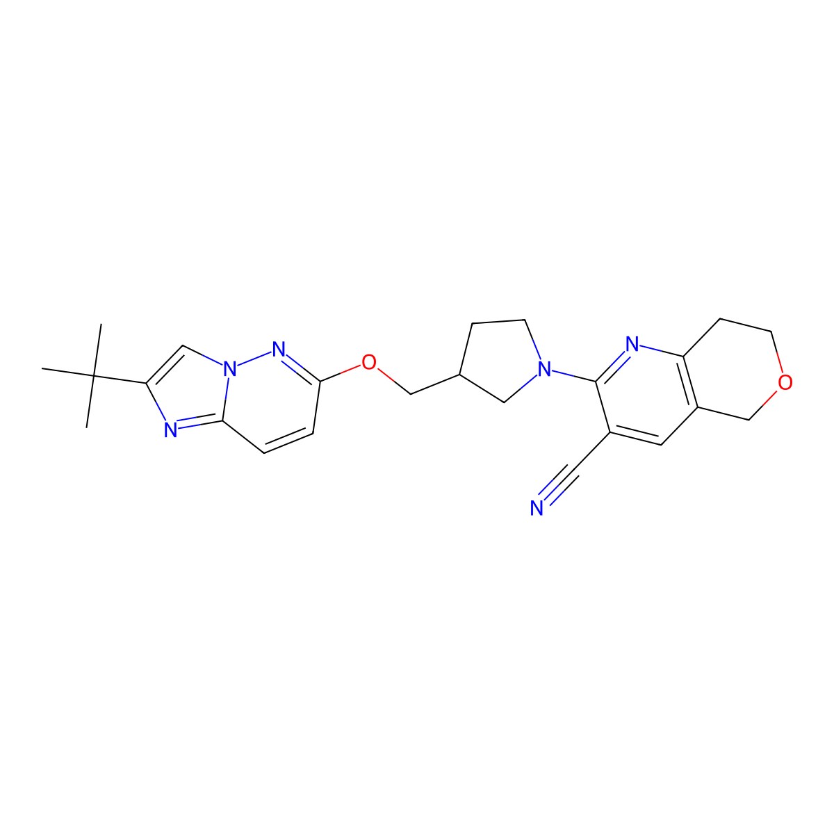 2-[3-[(2-tert-butylimidazo[1,2-b]pyridazin-6-yl)oxymethyl]pyrrolidin-1-yl]-7,8-dihydro-5H-pyrano[4,3-b]pyridine-3-carbonitrile molecular structure, CAS 2741927-87-5