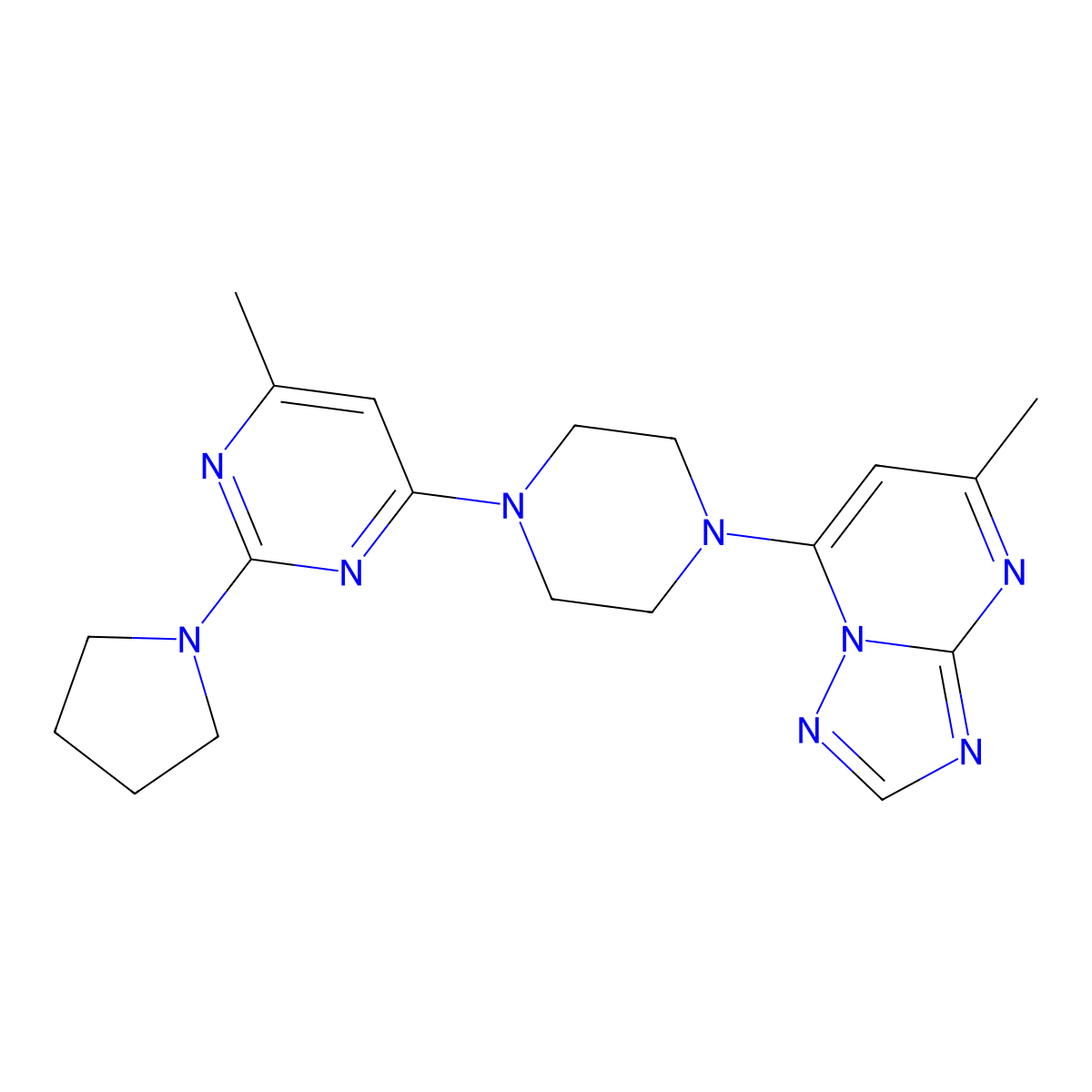 4-Methyl-6-(4-{5-methyl-[1,2,4]triazolo[1,5-a]pyrimidin-7-yl}piperazin-1-yl)-2-(pyrrolidin-1-yl)pyrimidine molecular structure, CAS 2741927-92-2