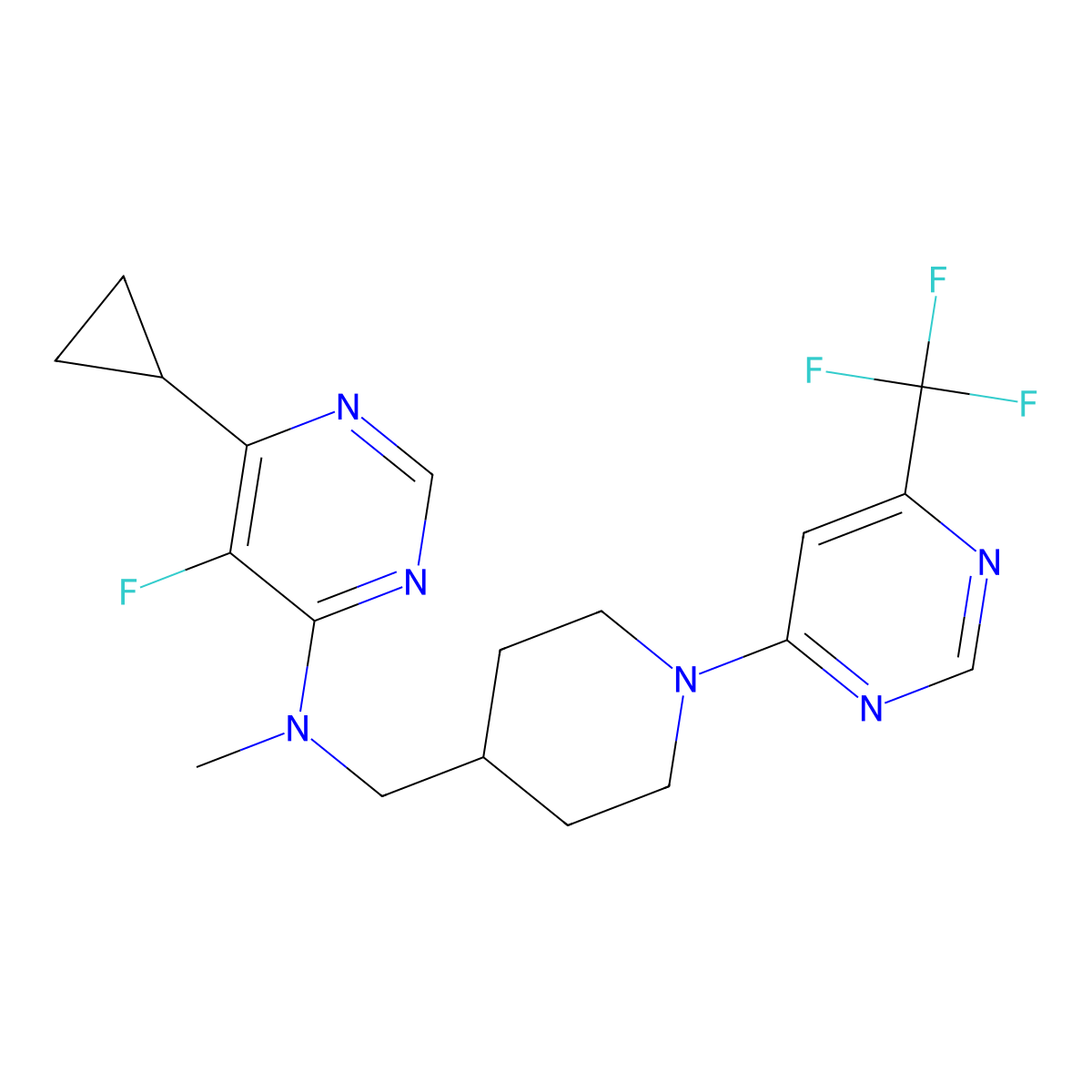 6-cyclopropyl-5-fluoro-N-methyl-N-({1-[6-(trifluoromethyl)pyrimidin-4-yl]piperidin-4-yl}methyl)pyrimidin-4-amine molecular structure, CAS 2741928-02-7