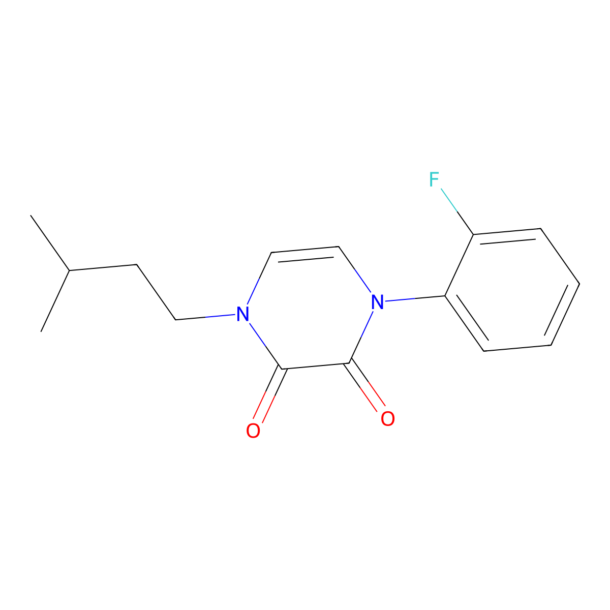1-(2-Fluorophenyl)-4-(3-methylbutyl)-1,2,3,4-tetrahydropyrazine-2,3-dione molecular structure, CAS 2741928-04-9