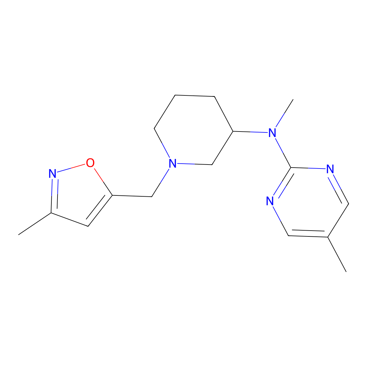 N,5-dimethyl-N-{1-[(3-methyl-1,2-oxazol-5-yl)methyl]piperidin-3-yl}pyrimidin-2-amine molecular structure, CAS 2741928-08-3