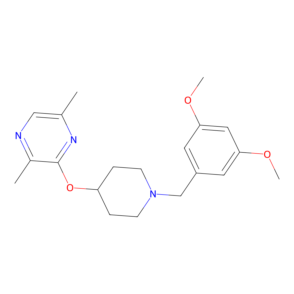 3-({1-[(3,5-Dimethoxyphenyl)methyl]piperidin-4-yl}oxy)-2,5-dimethylpyrazine molecular structure, CAS 2741928-16-3