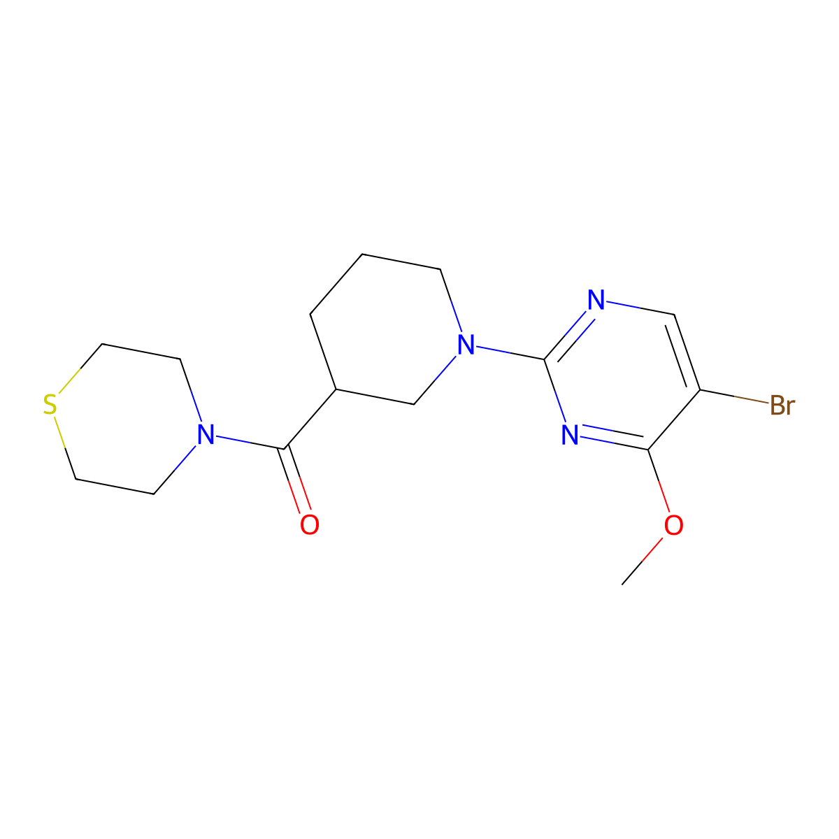 4-[1-(5-Bromo-4-methoxypyrimidin-2-yl)piperidine-3-carbonyl]thiomorpholine molecular structure, CAS 2741928-18-5