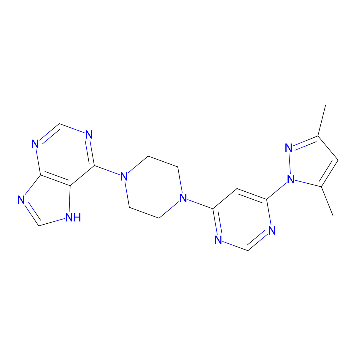 6-{4-[6-(3,5-dimethyl-1H-pyrazol-1-yl)pyrimidin-4-yl]piperazin-1-yl}-9H-purine molecular structure, CAS 2741928-19-6