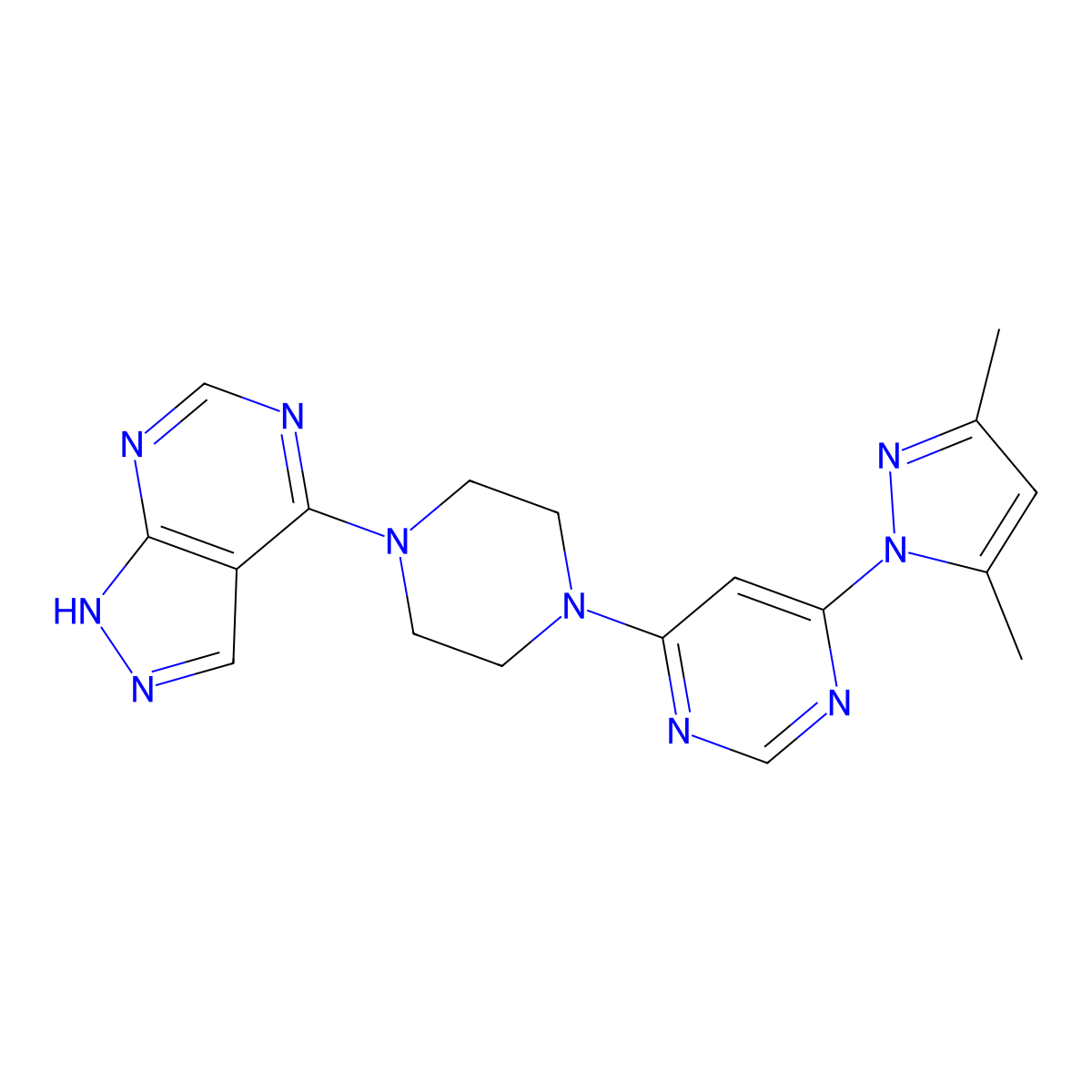 4-(3,5-dimethyl-1H-pyrazol-1-yl)-6-(4-{1H-pyrazolo[3,4-d]pyrimidin-4-yl}piperazin-1-yl)pyrimidine molecular structure, CAS 2741928-24-3