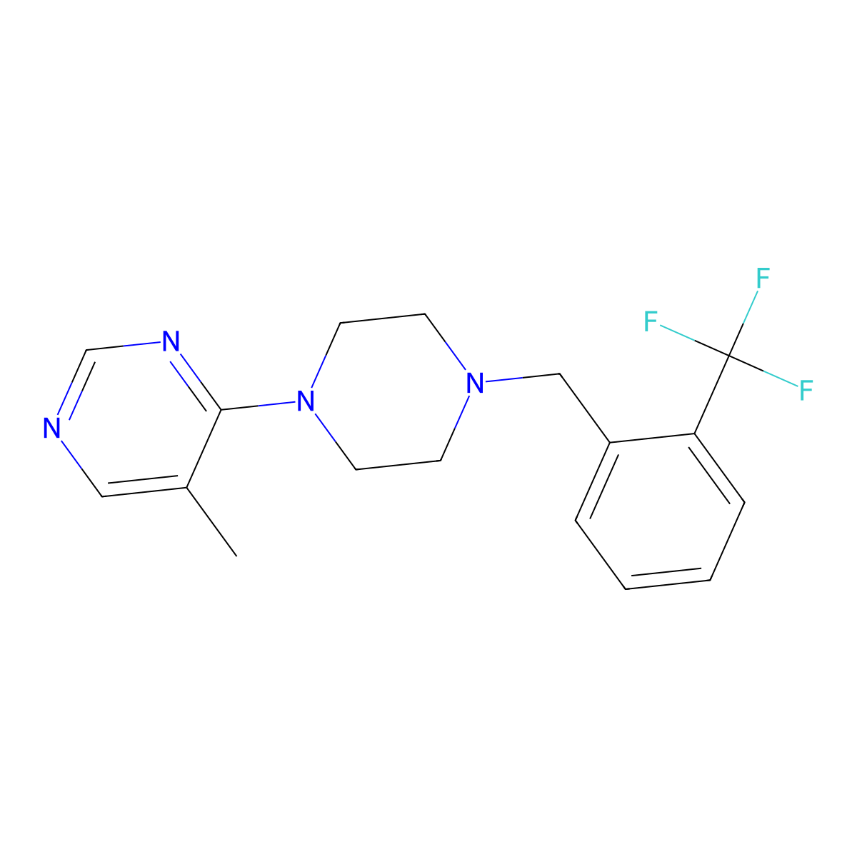 5-Methyl-4-(4-{[2-(trifluoromethyl)phenyl]methyl}piperazin-1-yl)pyrimidine molecular structure, CAS 2741928-27-6