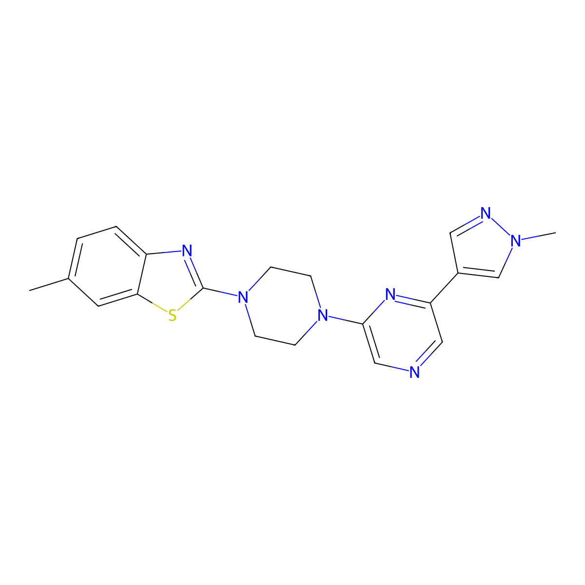 6-methyl-2-{4-[6-(1-methyl-1H-pyrazol-4-yl)pyrazin-2-yl]piperazin-1-yl}-1,3-benzothiazole molecular structure, CAS 2741928-29-8