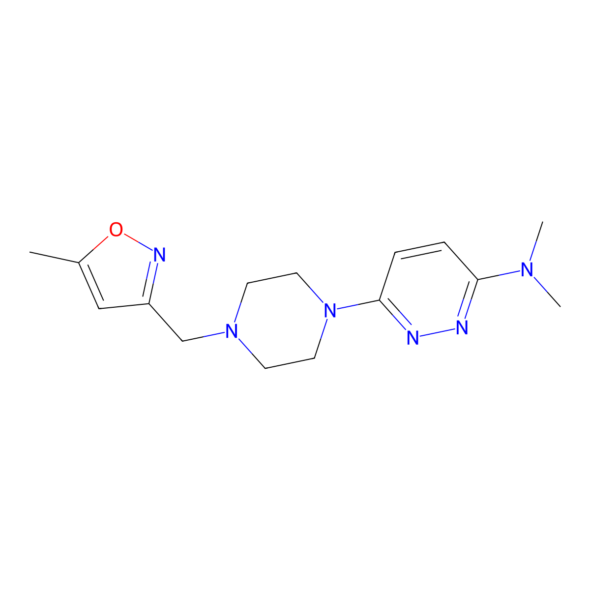 N,N-dimethyl-6-{4-[(5-methyl-1,2-oxazol-3-yl)methyl]piperazin-1-yl}pyridazin-3-amine molecular structure, CAS 2741928-33-4