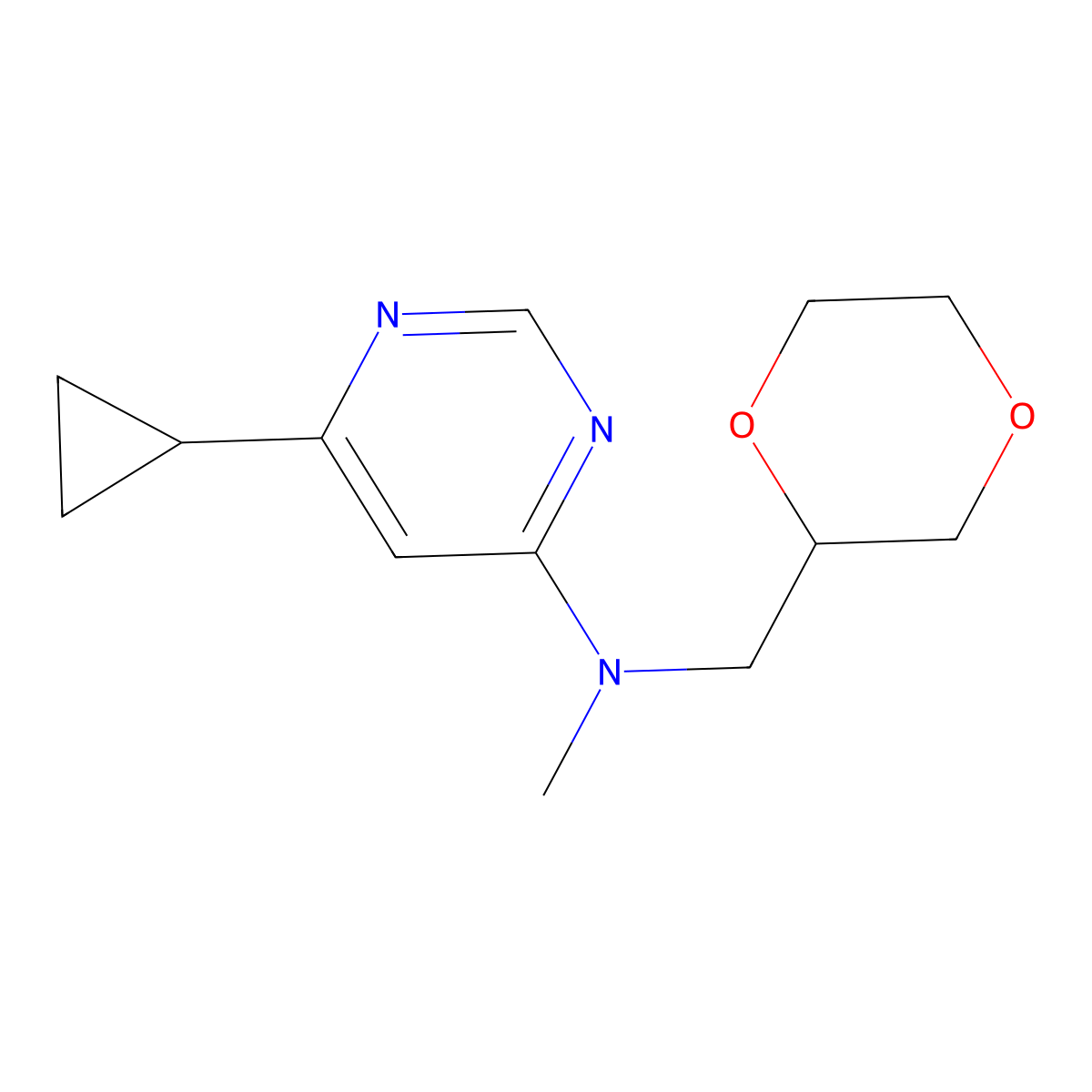 6-cyclopropyl-N-[(1,4-dioxan-2-yl)methyl]-N-methylpyrimidin-4-amine molecular structure, CAS 2741928-40-3