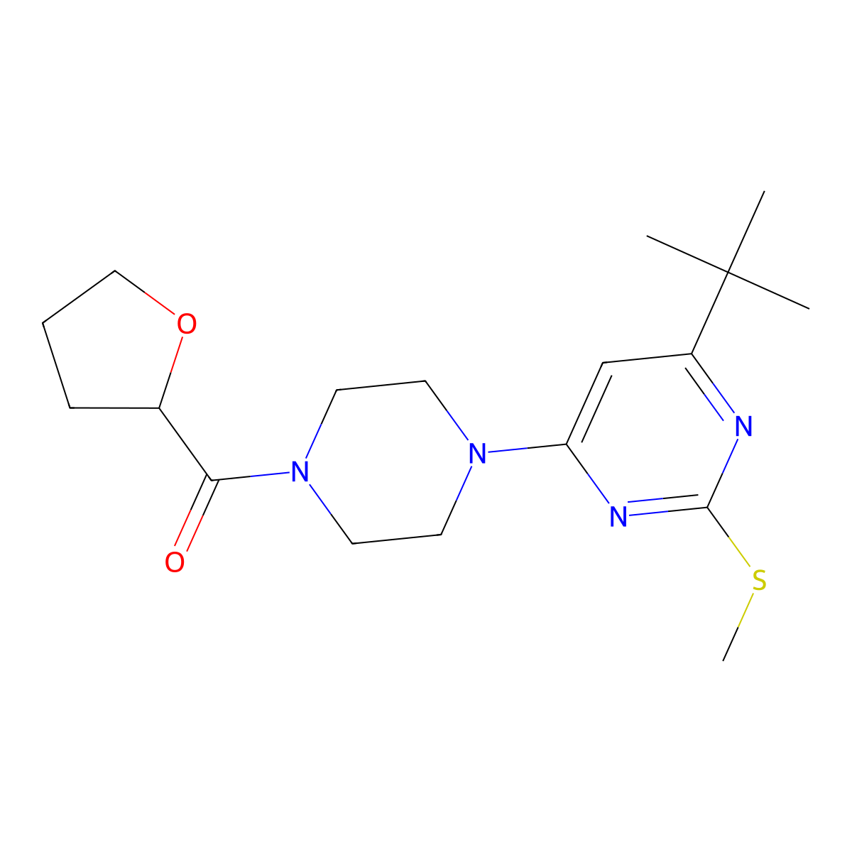 4-Tert-butyl-2-(methylsulfanyl)-6-[4-(oxolane-2-carbonyl)piperazin-1-yl]pyrimidine molecular structure, CAS 2741928-46-9