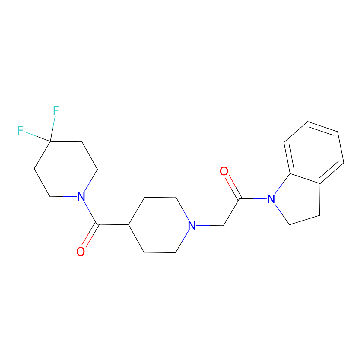 2-[4-(4,4-difluoropiperidine-1-carbonyl)piperidin-1-yl]-1-(2,3-dihydro-1H-indol-1-yl)ethan-1-one molecular structure, CAS 2741928-49-2