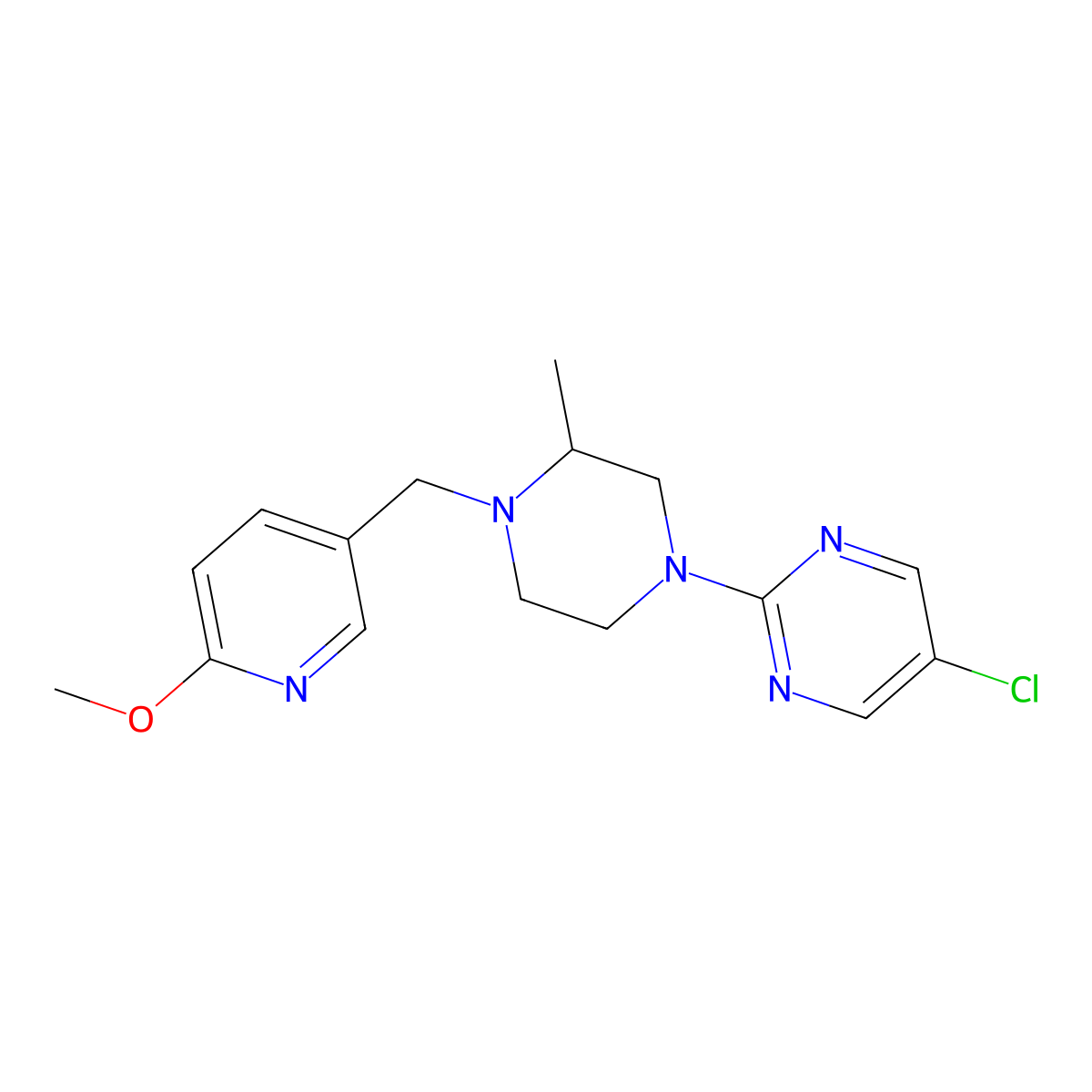 5-Chloro-2-{4-[(6-methoxypyridin-3-yl)methyl]-3-methylpiperazin-1-yl}pyrimidine molecular structure, CAS 2741928-65-2
