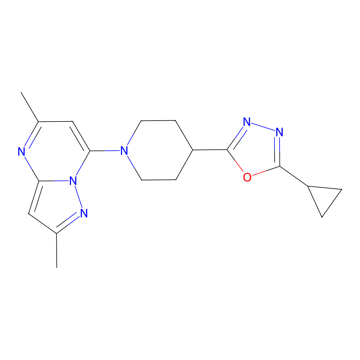 4-(5-Cyclopropyl-1,3,4-oxadiazol-2-yl)-1-{2,5-dimethylpyrazolo[1,5-a]pyrimidin-7-yl}piperidine molecular structure, CAS 2741928-77-6
